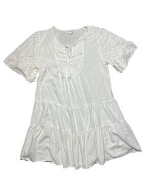 Sugar & Cream Eyelet Sleeve White Peasant Mini Dress Women’s Size Medium